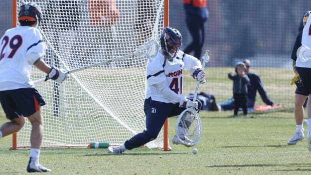 Matthew Nunes makes a save during the Virginia men's lacrosse game against Michigan at Klockner Stadium.